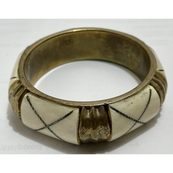 VINTAGE MNG BRASS BONE/STONES BANGLE BRACELET FASHION EUC - Picture 4 of 9